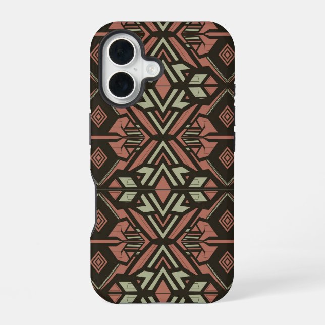 Tribal Vibes – Earthy Geometric Aztec Pattern iPhone 16 Case (Back)