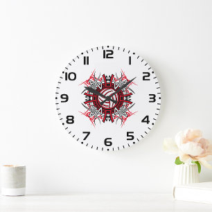 Tribal Volleyball Mandala Red and Black Sports  Large Clock