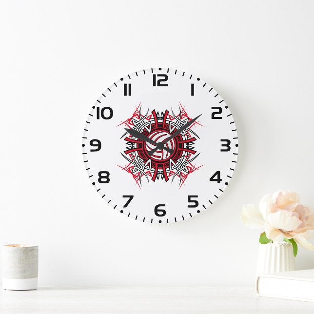 Tribal Volleyball Mandala Red and Black Sports  Large Clock (Creator Uploaded)