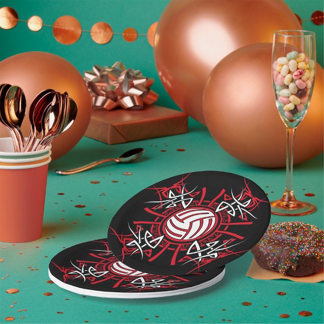 Tribal Volleyball Mandala Red and Black Sports  Paper Plate (Creator Uploaded)