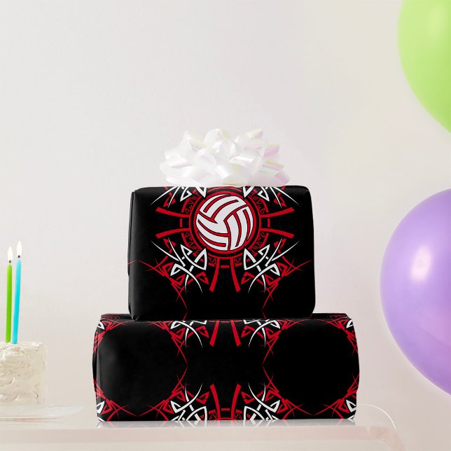 Tribal Volleyball Mandala Red and Black Sports  Wrapping Paper (Creator Uploaded)