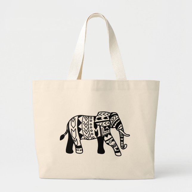 Tribal Walking Elephant Large Tote Bag (Front)