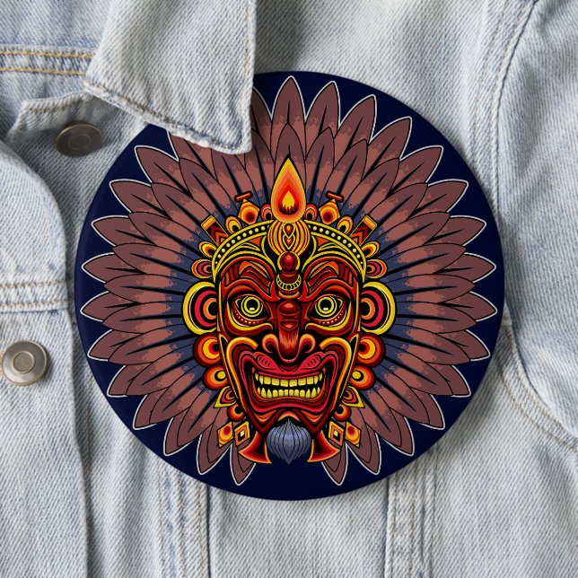 Tribal Warrior King Ritual Mask 6 Cm Round Badge (In Situ)