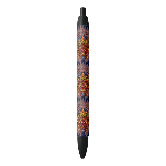 Tribal Warrior King Ritual Mask Black Ink Pen (Front Vertical)