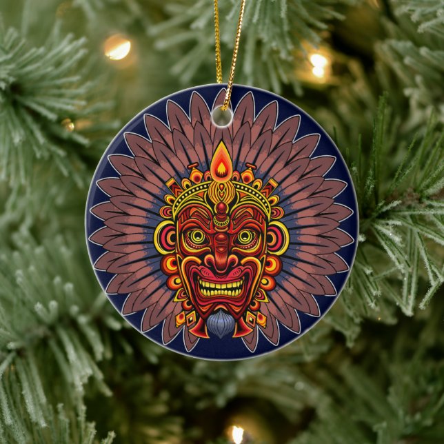 Tribal Warrior King Ritual Mask Ceramic Ornament (Tree)