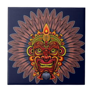 Tribal Warrior King Ritual Mask Ceramic Tile