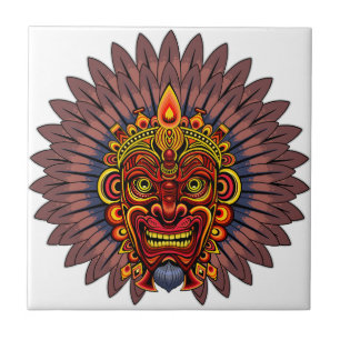 Tribal Warrior King Ritual Mask Ceramic Tile