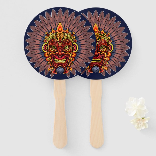 Tribal Warrior King Ritual Mask Hand Fan (Front and Back)
