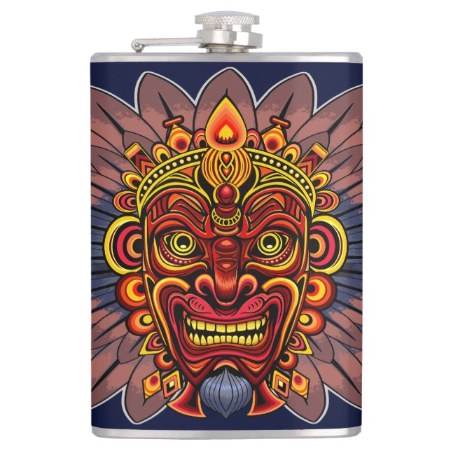 Tribal Warrior King Ritual Mask Hip Flask (Front)