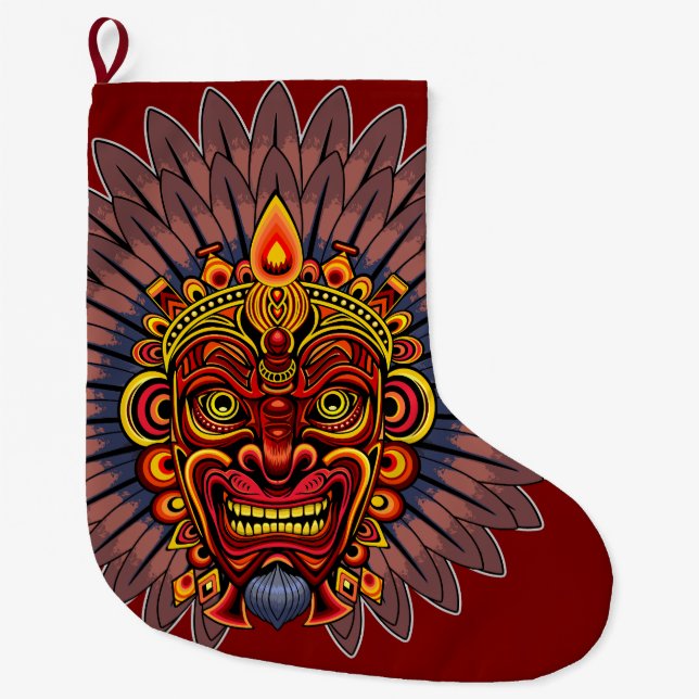 Tribal Warrior King Ritual Mask Large Christmas Stocking (Front)