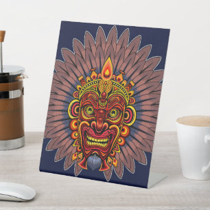 Tribal Warrior King Ritual Mask Pedestal Sign