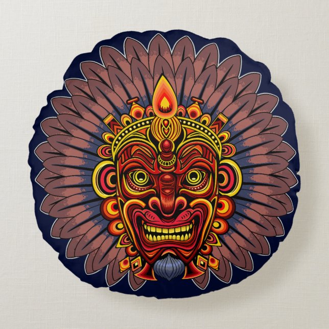 Tribal Warrior King Ritual Mask Round Cushion (Front)