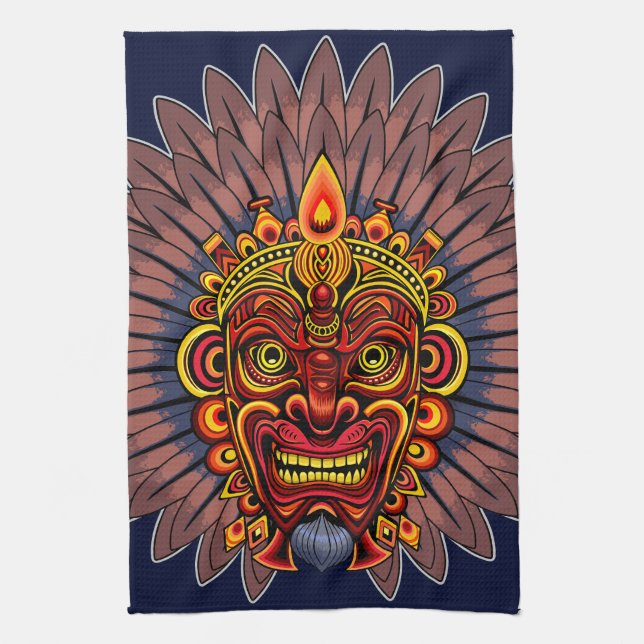 Tribal Warrior King Ritual Mask Tea Towel (Vertical)
