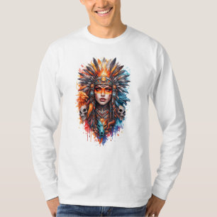 Tribal Warrior Queen Art – Fantasy Headdress Skull T-Shirt