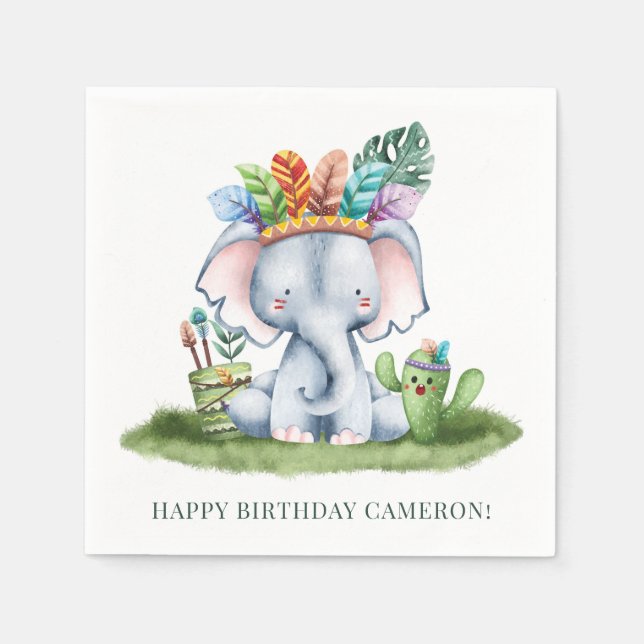Tribal Watercolor Elephant Safari Happy Birthday Napkin (Front)