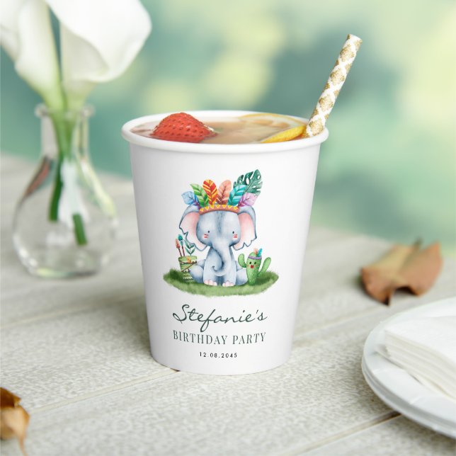 Tribal Watercolor Elephant Safari Theme Birthday Paper Cups (Insitu)