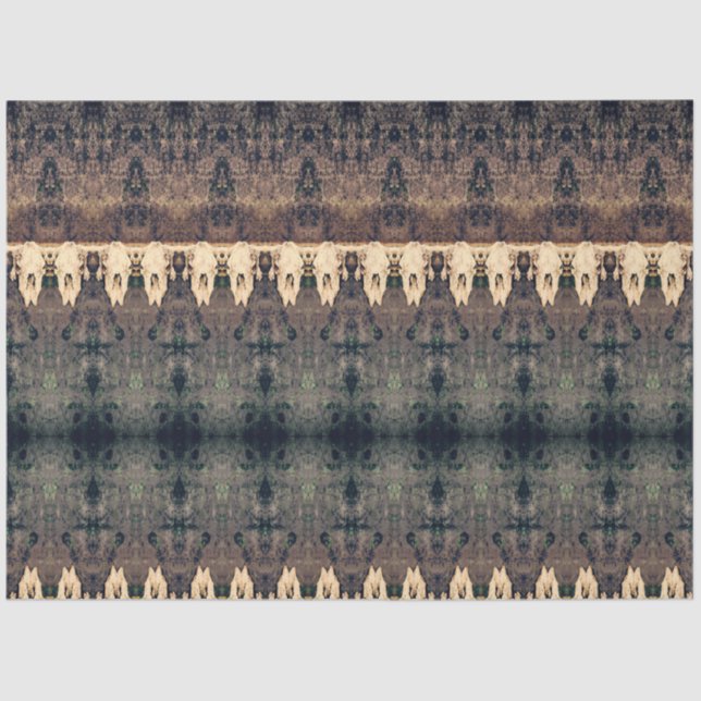 Tribal Western Pattern Brown Beige Bull Cow Skull Tissue Paper (Front)
