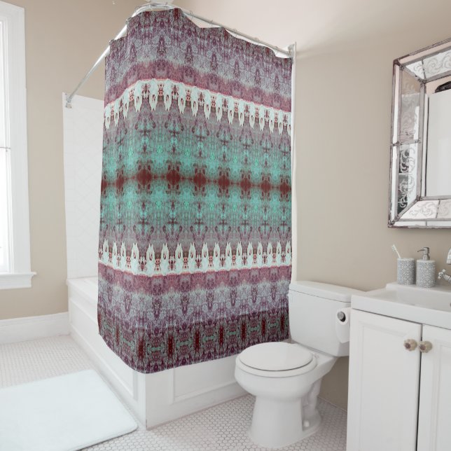 Tribal Western Pattern Teal Cow Bull Skull Country Shower Curtain (In Situ)