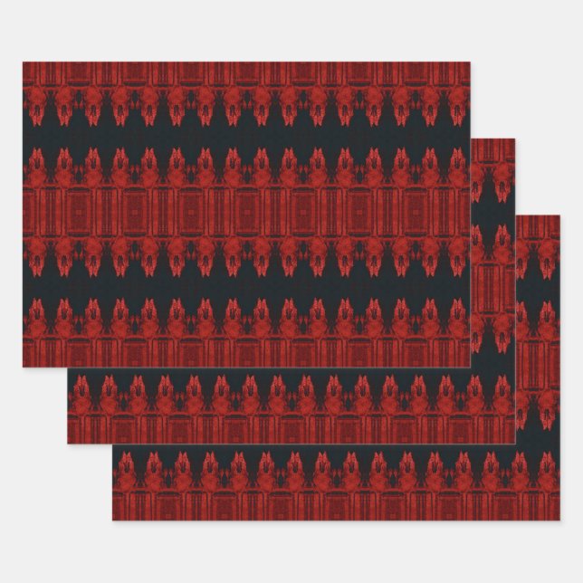 Tribal Western Red Black Art Pattern Bull Skull Wrapping Paper Sheet (Set)
