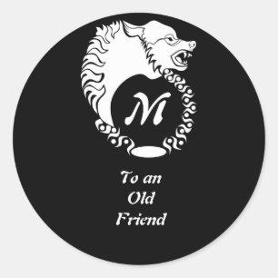 Tribal White Wolf Head Silhouette Laurel Monogram Classic Round Sticker