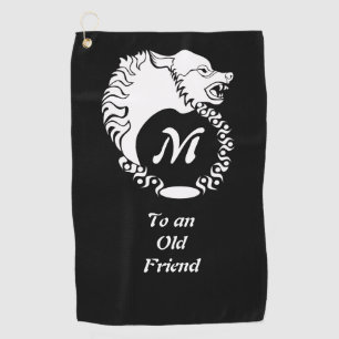 Tribal White Wolf Head Silhouette Laurel Monogram Golf Towel