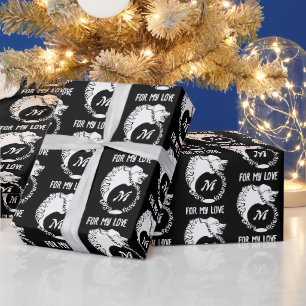 Tribal White Wolf Head Silhouette Laurel Monogram Wrapping Paper