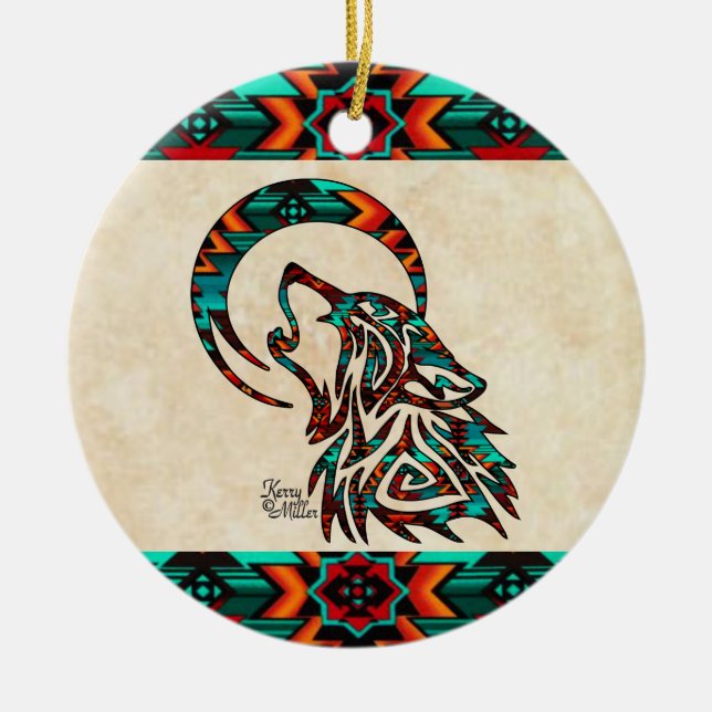 Tribal Wolf Ceramic Ornament (Front)