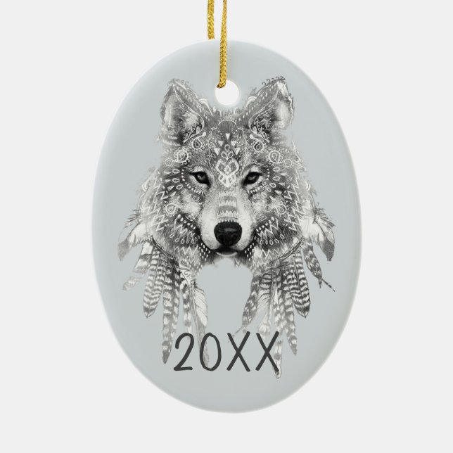 Tribal Wolf Customizable Keepsake Year Ceramic Ornament (Back)
