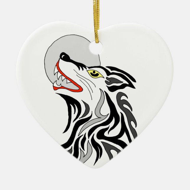 tribal wolf howl at the moon ceramic ornament (Front)