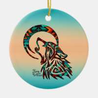 Tribal Wolf Howling At The Moon Ceramic Ornament