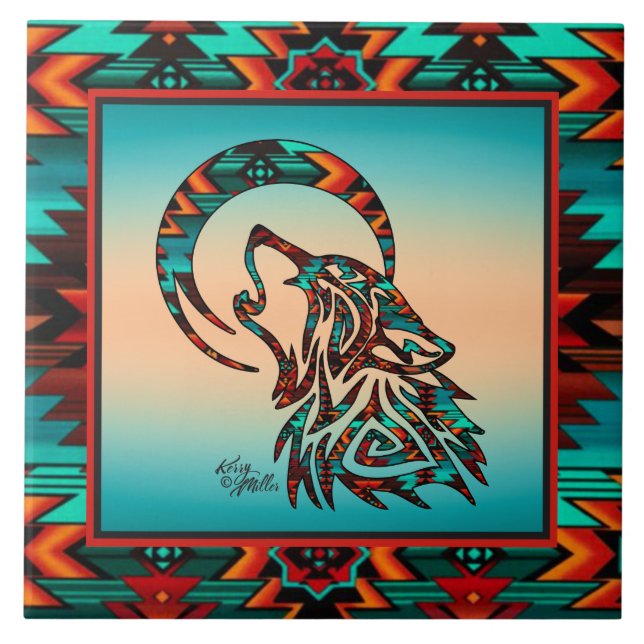 Tribal Wolf Howling At The Moon Ceramic Tile (Front)