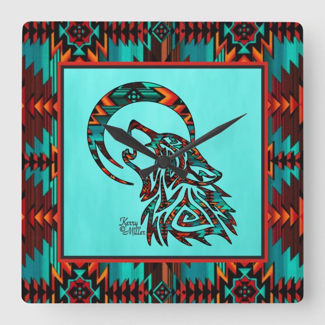 Tribal Wolf Howling At The Moon Square Wall Clock (Front)