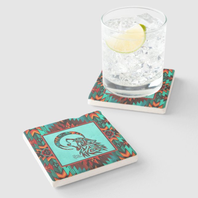 Tribal Wolf Howling At The Moon Stone Coaster (Side)