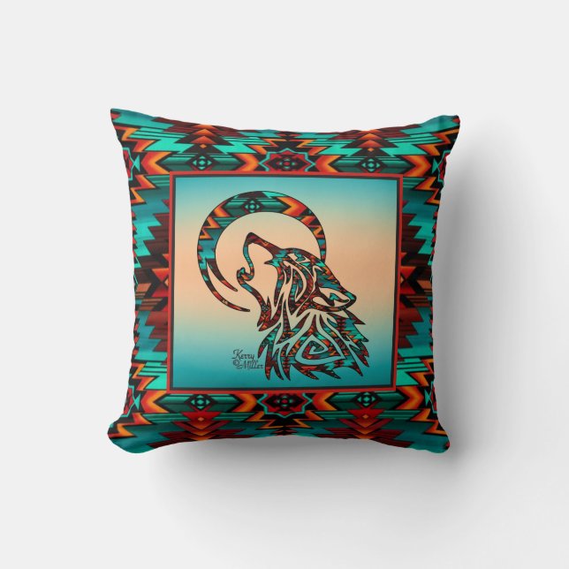 Tribal Wolf Howling At The Moon Throw Pillow (Front)