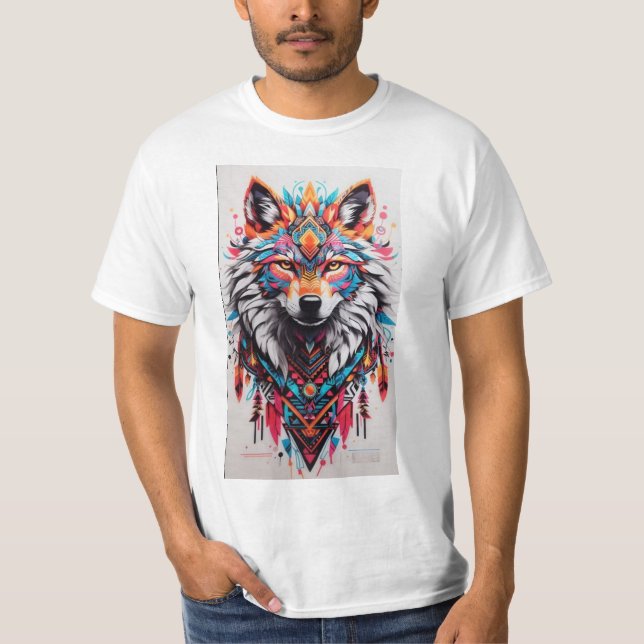 Tribal Wolf Mandala T-Shirt - Vibrant and Unique (Front)