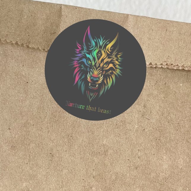 Tribal Wolf Patch – "Nurture That Beast" Classic Round Sticker (Creator Uploaded)