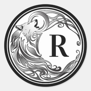 Tribal Wolf - Shaded Monogram Classic Round Sticker