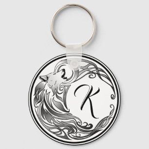 Tribal Wolf Shaded Monogram Key Ring