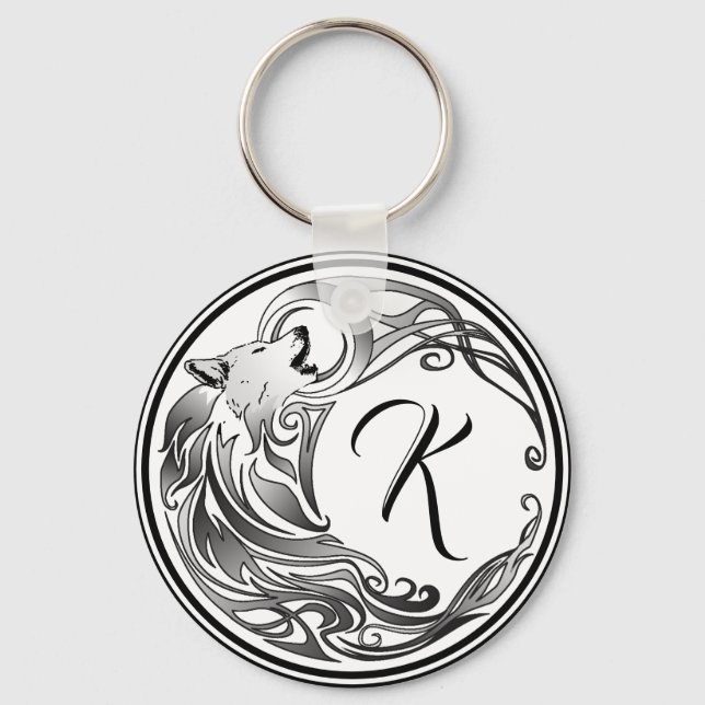 Tribal Wolf Shaded Monogram Key Ring (Front)