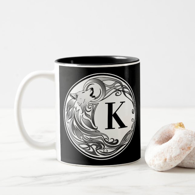 Tribal Wolf - Shaded Monogram Two-Tone Coffee Mug (With Donut)