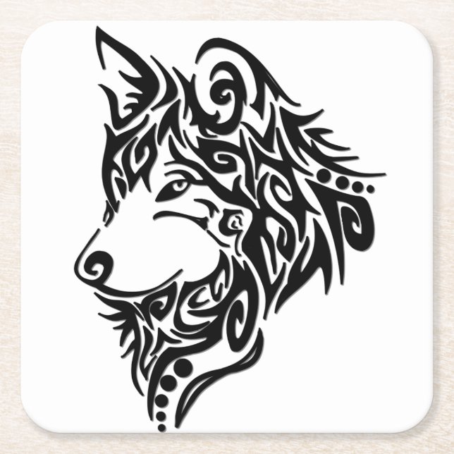 Tribal Wolf Square Paper Coaster (Front)