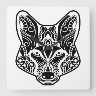 Tribal WOLF Square Wall Clock