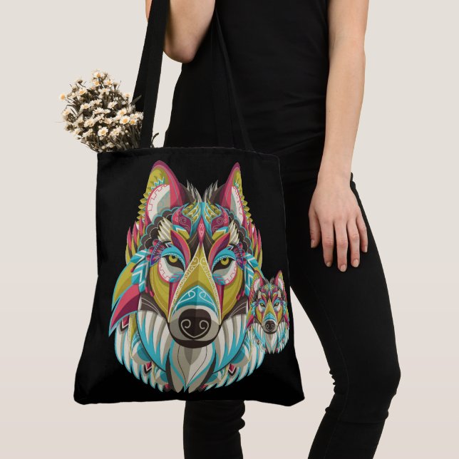 Tribal Wolf Tote Bag (Close Up)