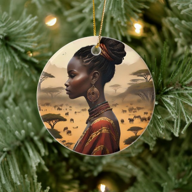 Tribal Woman Watching Over Her African Landscape, Ceramic Ornament (Tree)