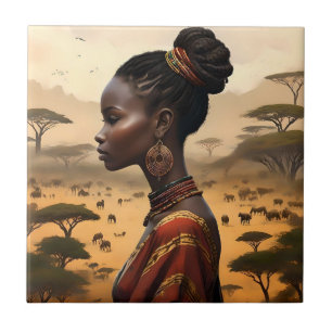 Tribal Woman Watching Over Her African Landscape, Ceramic Tile