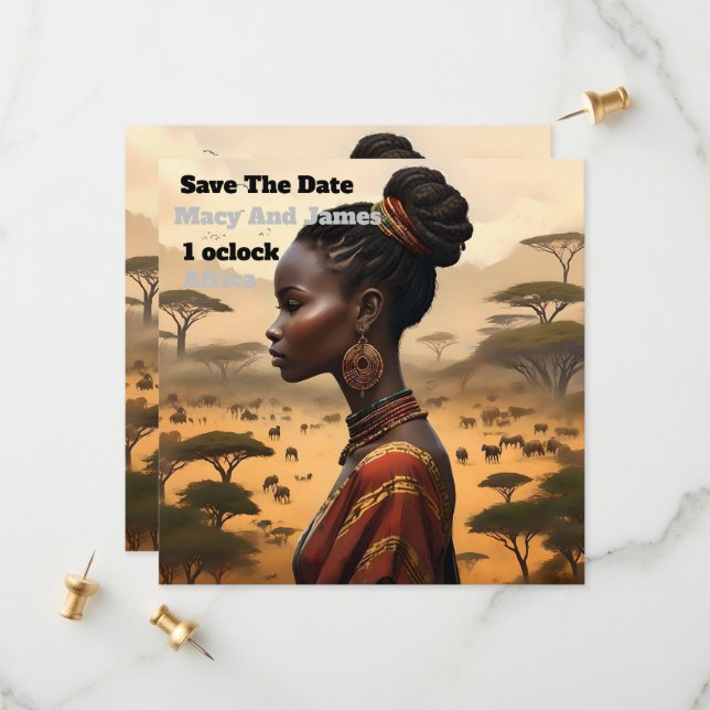 Tribal Woman Watching Over Her African Landscape, Save The Date (Front/Back In Situ)