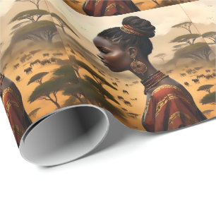 Tribal Woman Watching Over Her African Landscape, Wrapping Paper