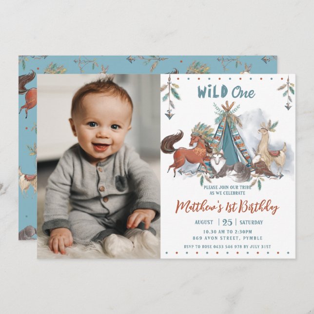 Tribal Woodland Animal Wild One 1st Birthday Photo Invitation (Front/Back)