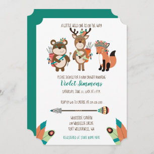 Tribal Woodland Animals Aqua Baby Shower Invite