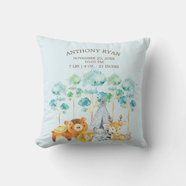 Tribal Woodland Animals Baby Birth Stats Pillow (Front)